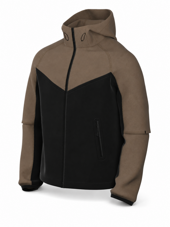 Olive Green and Black Color-Block Full-Zip Hooded Jacket