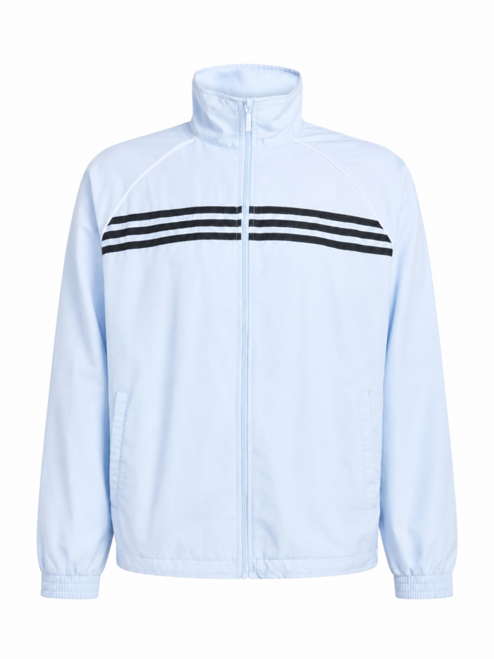 Light Blue Track Jacket with Black Stripes and Stand Collar
