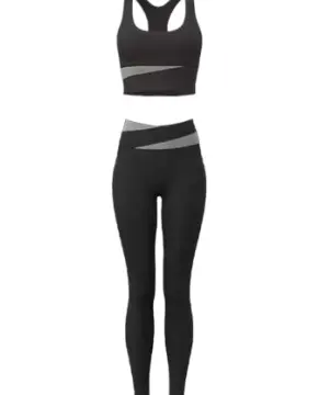 Black Two-Piece Activewear Set with Grey Diagonal Stripes