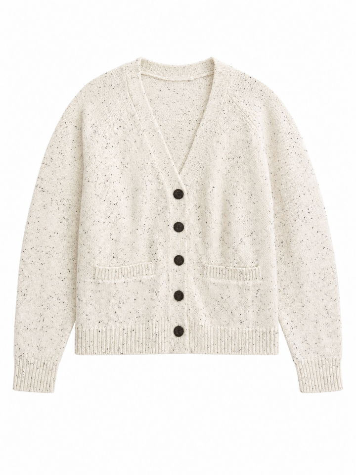 Off-White V-Neck Cardigan with Speckled Knit