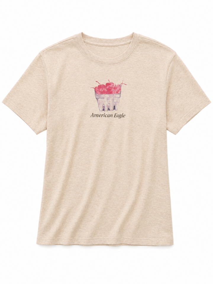Light Beige Heathered Graphic T-Shirt with Cherry Print