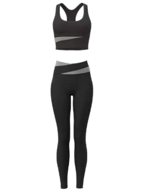 Black Two-Piece Activewear Set with Grey Diagonal Stripes