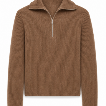 Brown Ribbed Quarter-Zip Pullover Sweater