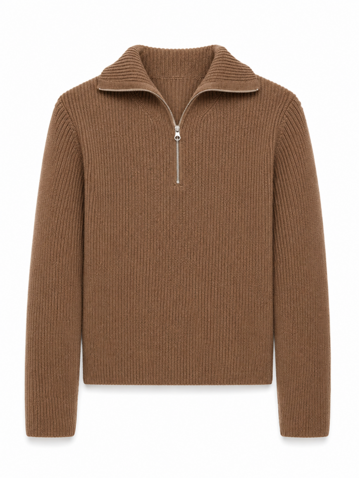 Brown Ribbed Quarter-Zip Pullover Sweater