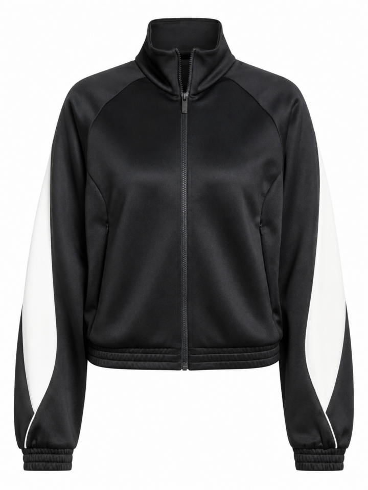 Black Full-Zip Track Jacket with White Sleeve Panels