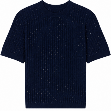 Navy Short-Sleeve Cable-Knit Top