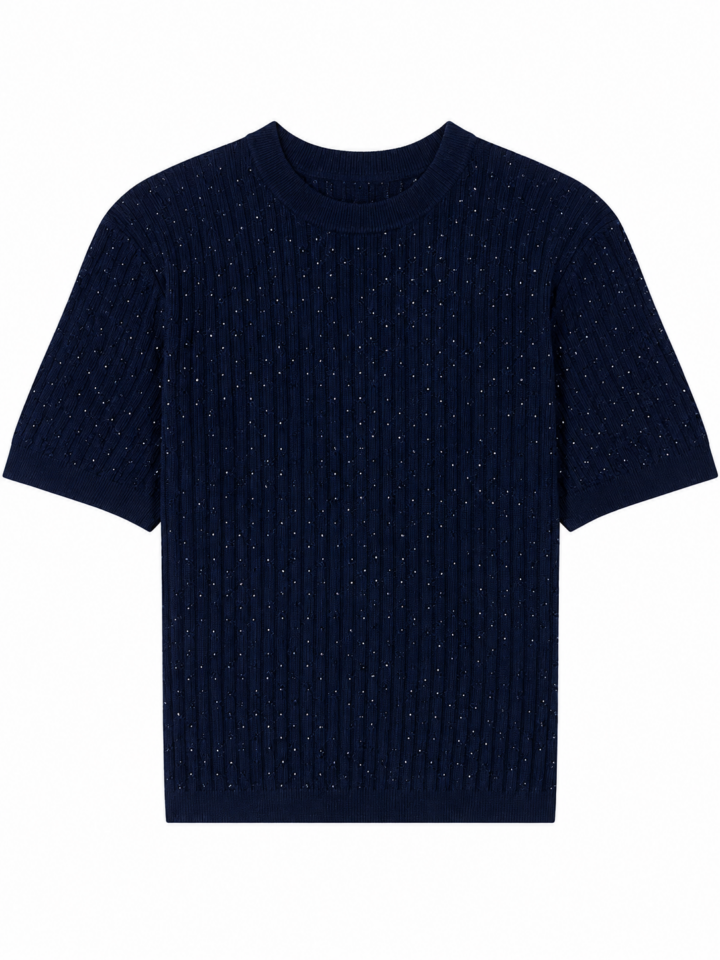 Navy Short-Sleeve Cable-Knit Top