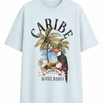 Light Blue Oversized Tropical Graphic T-Shirt with Palm Tree Design