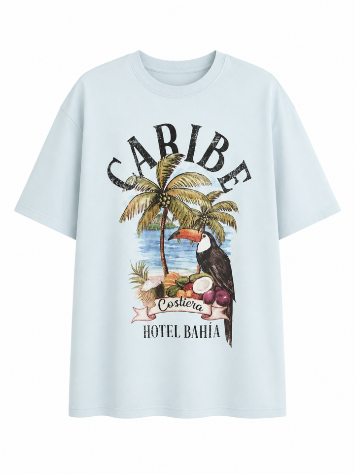Light Blue Oversized Tropical Graphic T-Shirt with Palm Tree Design