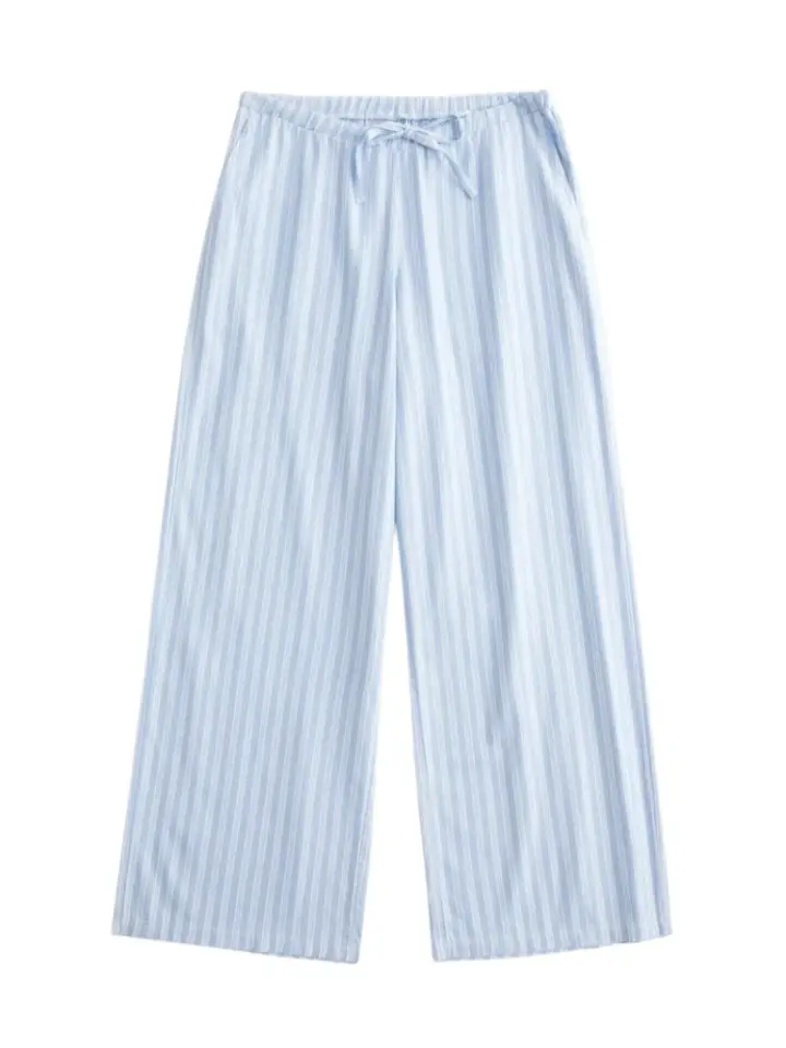 Light Blue and White Striped Wide-Leg Drawstring Pants