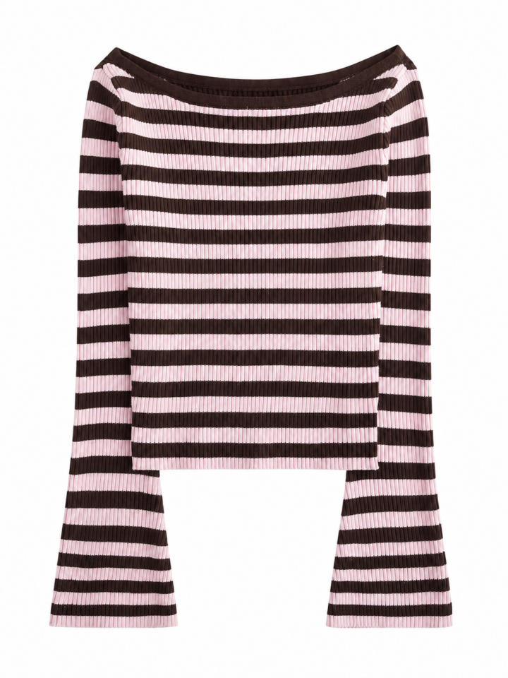 Brown and Pink Striped Bell-Sleeve Pullover
