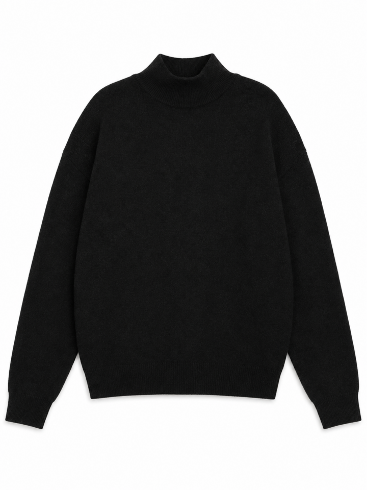 Black Ribbed Mock Neck Turtleneck Sweater Relaxed Fit