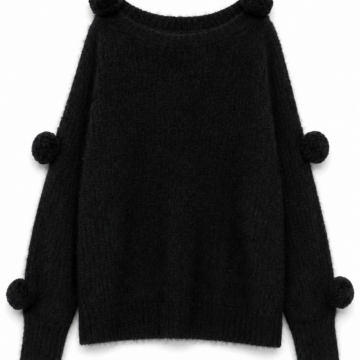 Black Oversized Pom-Pom Knit Sweater