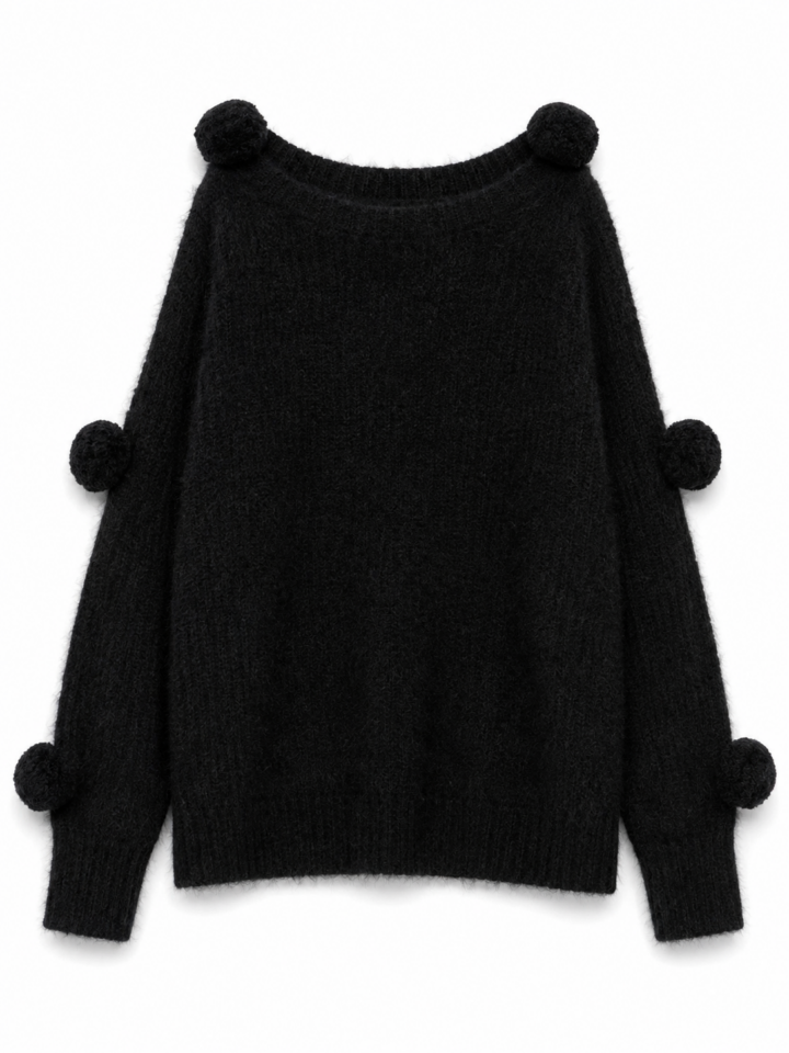 Black Oversized Pom-Pom Knit Sweater