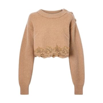 Beige Cropped Ribbed Knit Sweater with Scalloped Hem
