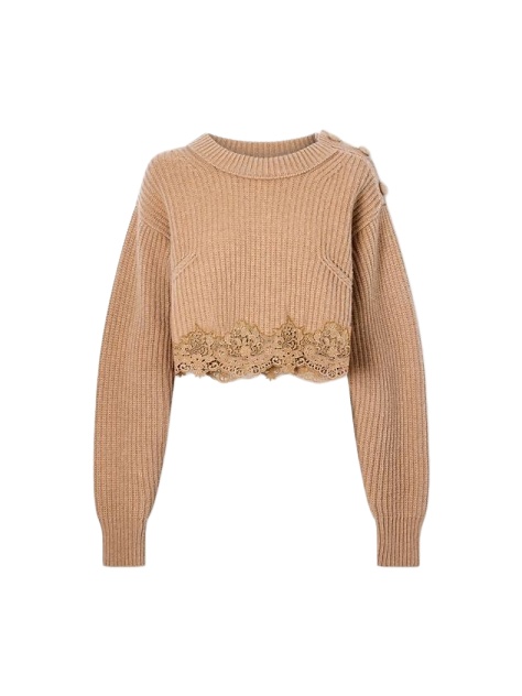 Beige Cropped Ribbed Knit Sweater with Scalloped Hem