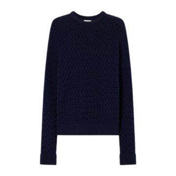 Navy Blue Cable Knit Sweater with Geometric Pattern
