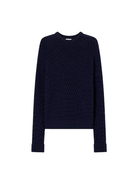 Navy Blue Cable Knit Sweater with Geometric Pattern
