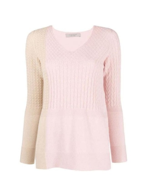 Pink V-Neck Sweater with Color Block Detail