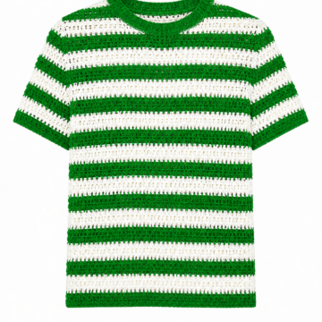 Green and White Striped Crochet-Knit Short-Sleeve Top