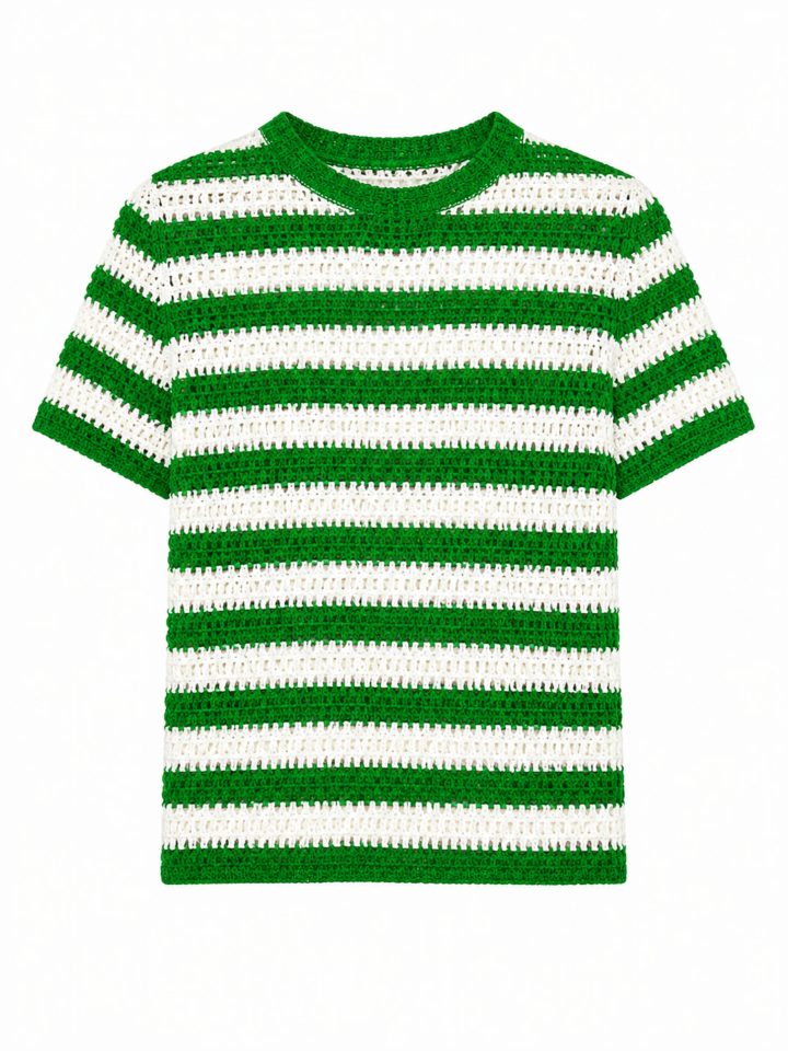 Green and White Striped Crochet-Knit Short-Sleeve Top