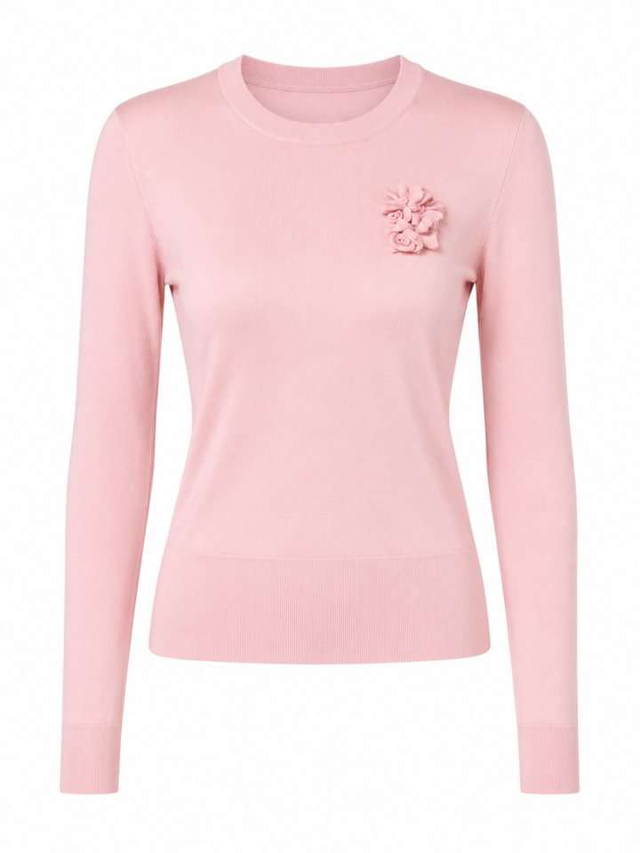 Light Pink Slim Fit Pullover Sweater with Floral Appliqué