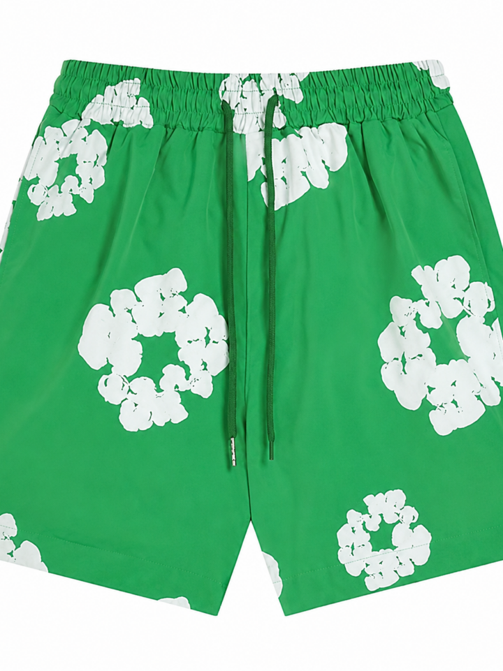 White Floral Green Relaxed Fit Shorts with Drawstring