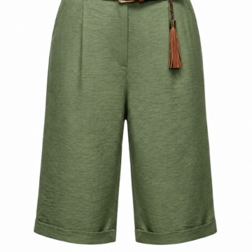 Olive Green High-Waisted Pleated Wide-Leg Culotte Pants with Belt