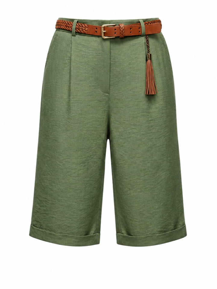 Olive Green High-Waisted Pleated Wide-Leg Culotte Pants with Belt