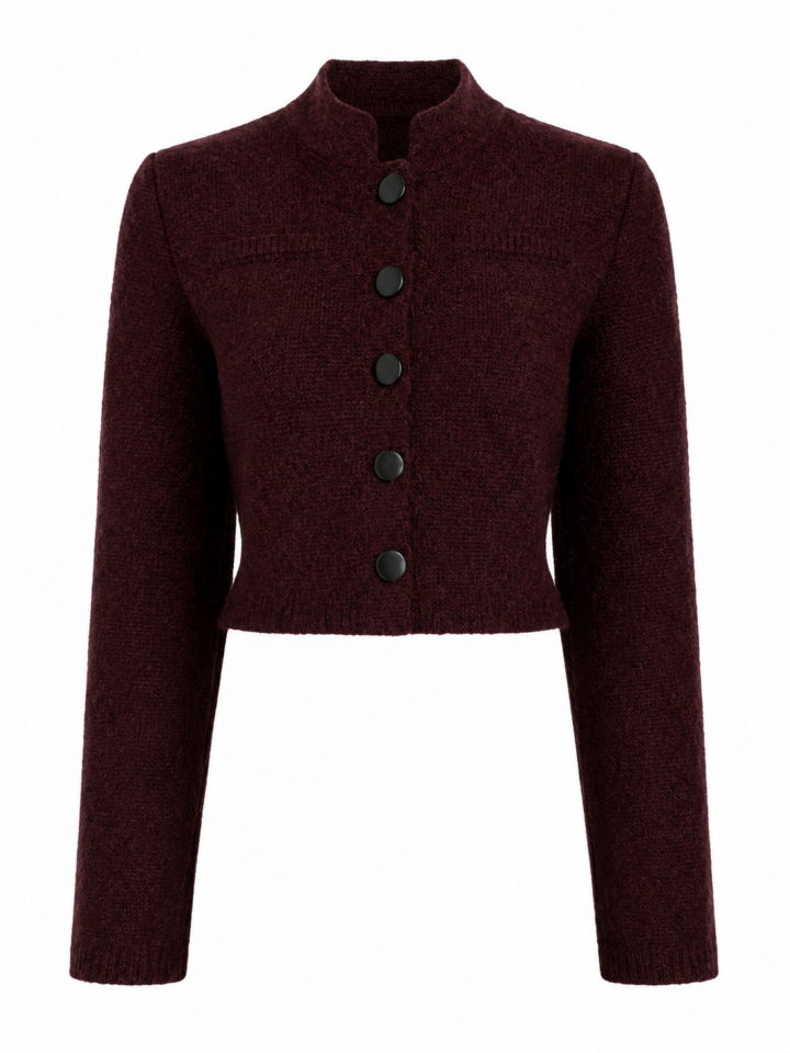 Burgundy Cropped Cardigan with Stand Collar