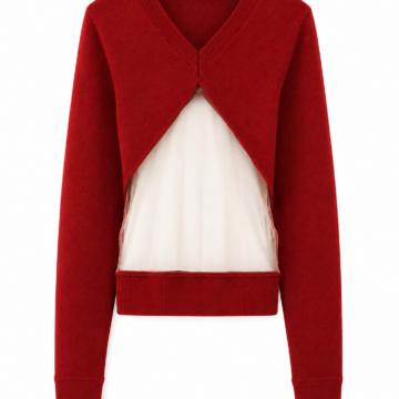Deep Red V-Neck Cardigan with Sheer Mesh Panel