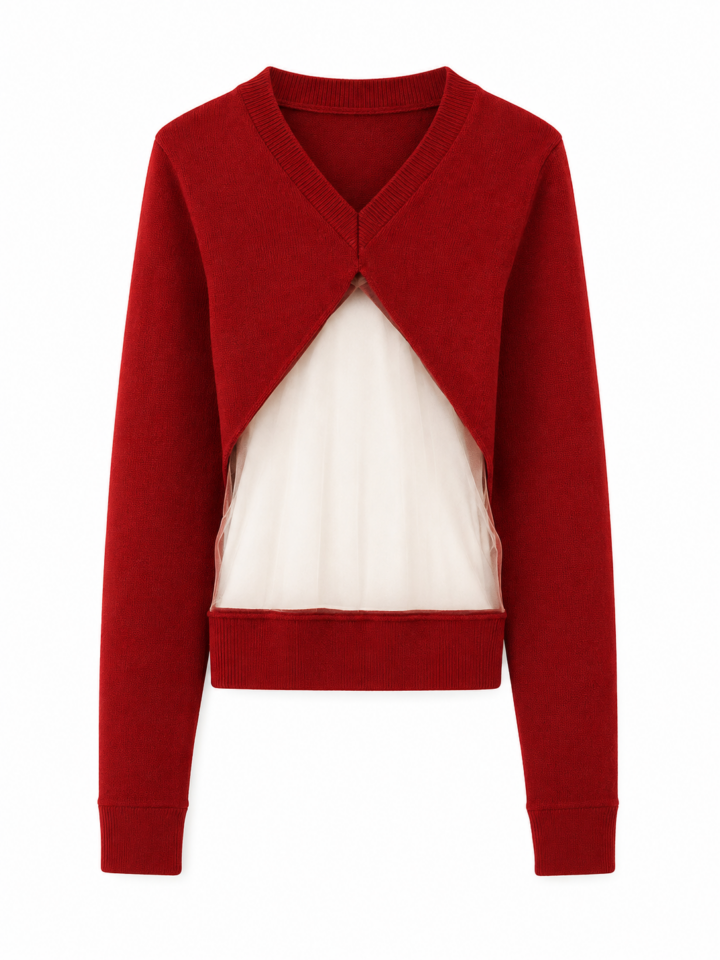 Deep Red V-Neck Cardigan with Sheer Mesh Panel