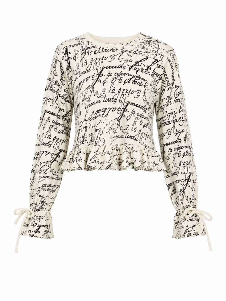 Off-White Long-Sleeve Blouse with Black Script Print