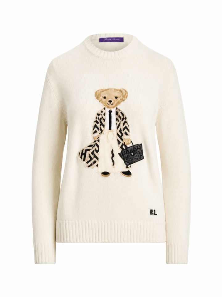 Cream Embroidered Teddy Bear Crewneck Sweater