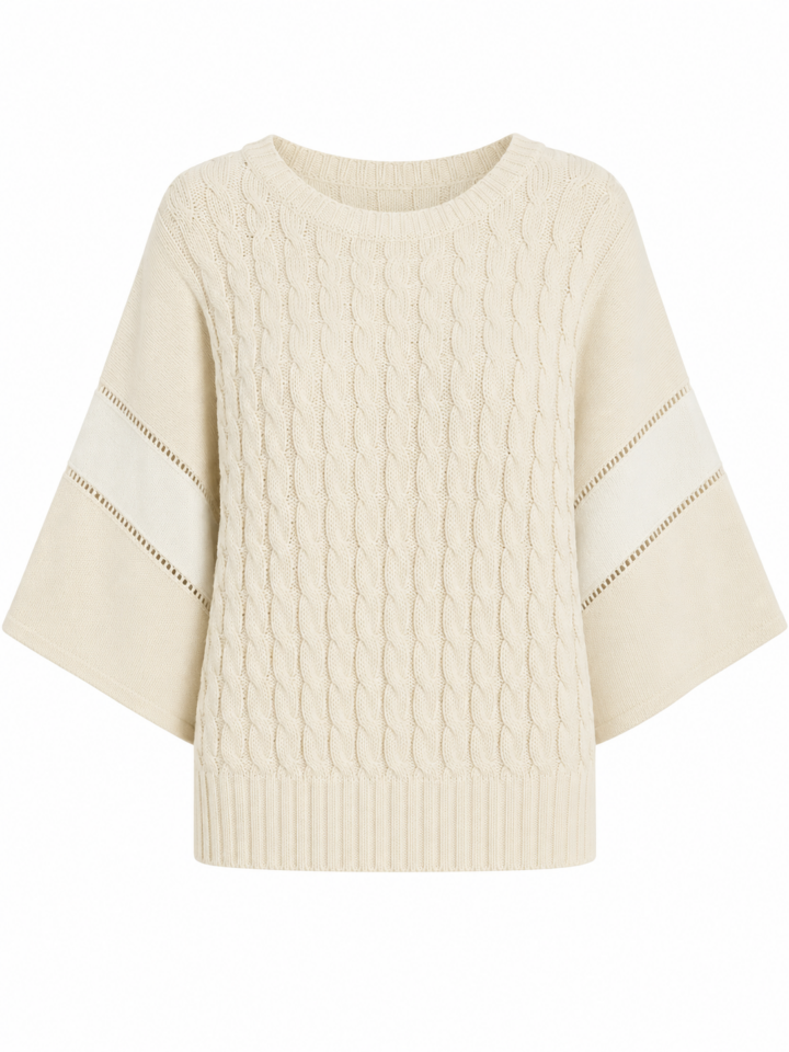 Cream Relaxed Cable-Knit Sweater with Dolman Sleeves