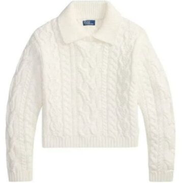 White Cropped Cable Knit Polo Sweater