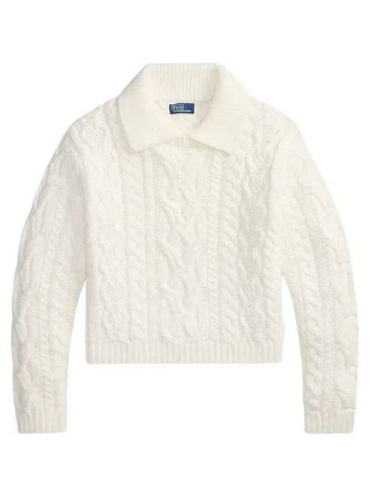 White Cropped Cable Knit Polo Sweater