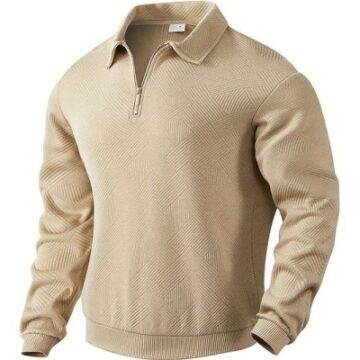Beige Quarter-Zip Chevron Knit Pullover