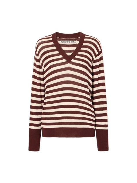 Burgundy and Cream Striped V-Neck Sweater