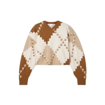 Cropped Geometric Diamond V-Neck Sweater in Cream Tan Brown