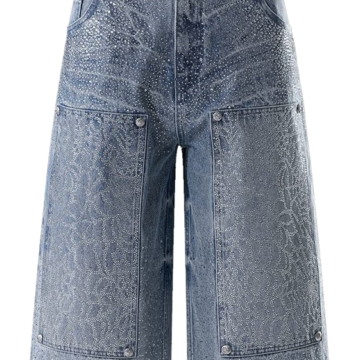Light Wash Rhinestone Embellished Wide-Leg Cropped Jeans