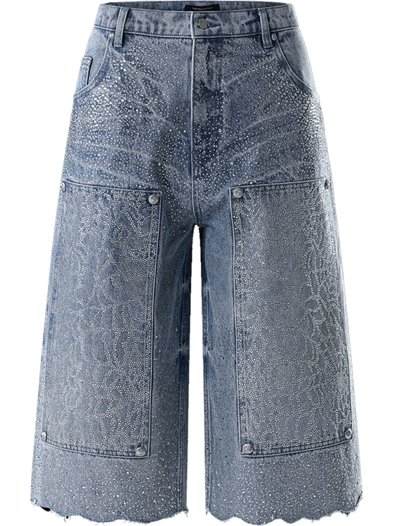 Light Wash Rhinestone Embellished Wide-Leg Cropped Jeans