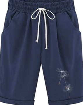 Navy Blue Dandelion Print Relaxed Fit Drawstring Shorts