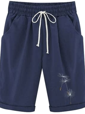 Navy Blue Dandelion Print Relaxed Fit Drawstring Shorts